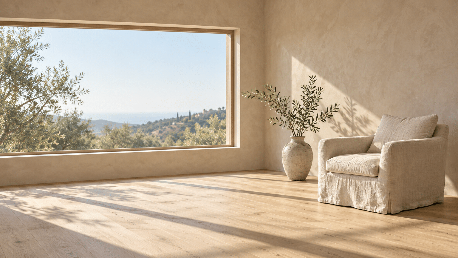 Minimalist room with beige armchair, large vase, and panoramic window view of countryside