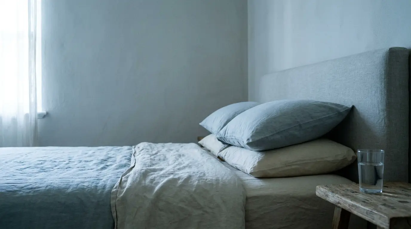 Minimalist bedroom with gray linen bedding and wooden nightstand with glass of water