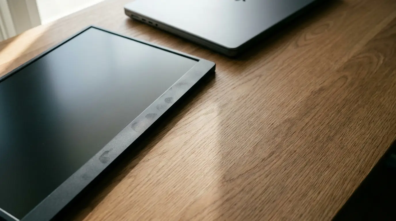 Tablet and closed laptop on wooden desk in natural light office setting