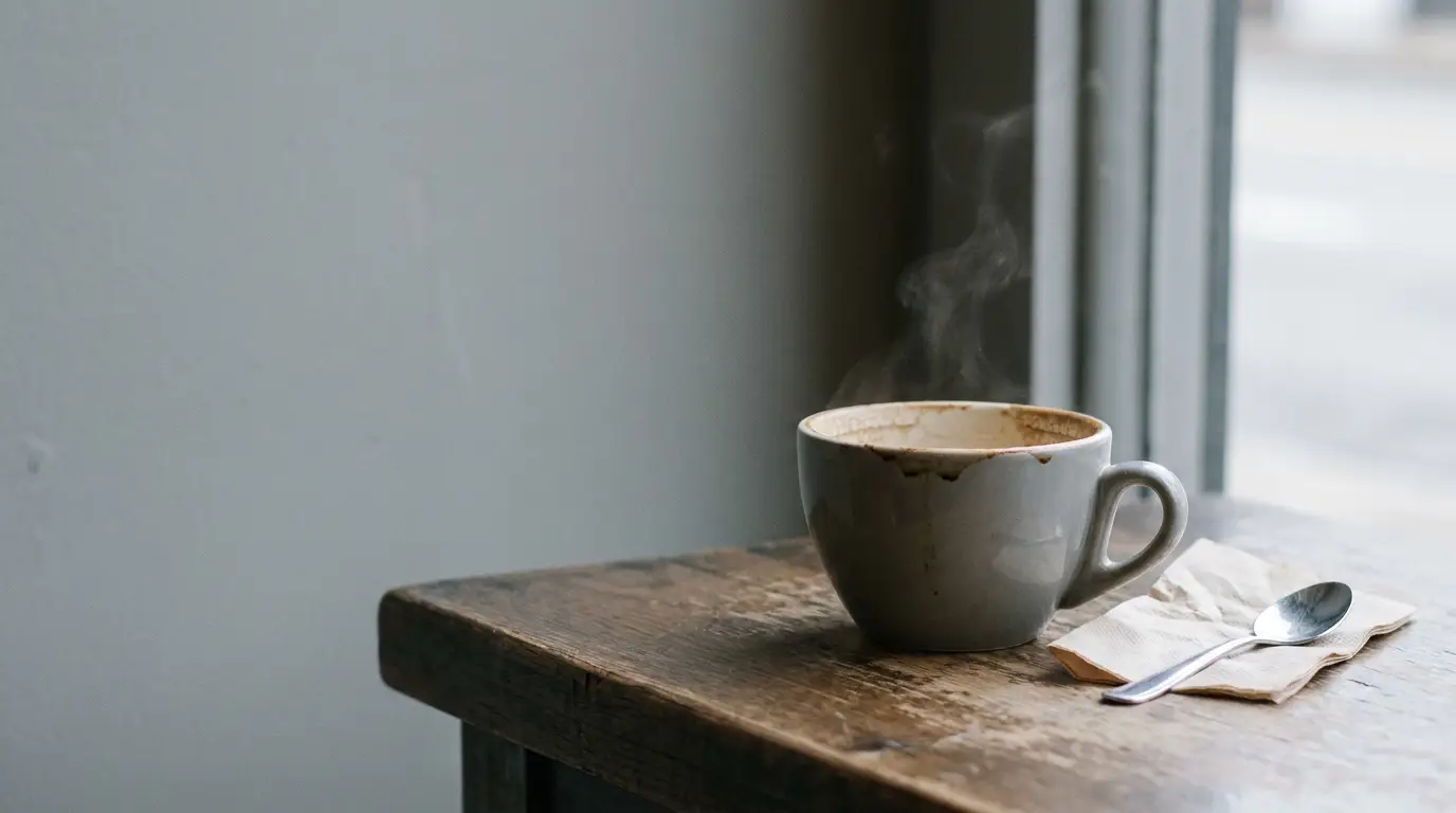 Steaming coffee cup on rustic wooden table beside napkin and spoon in cozy cafe setting