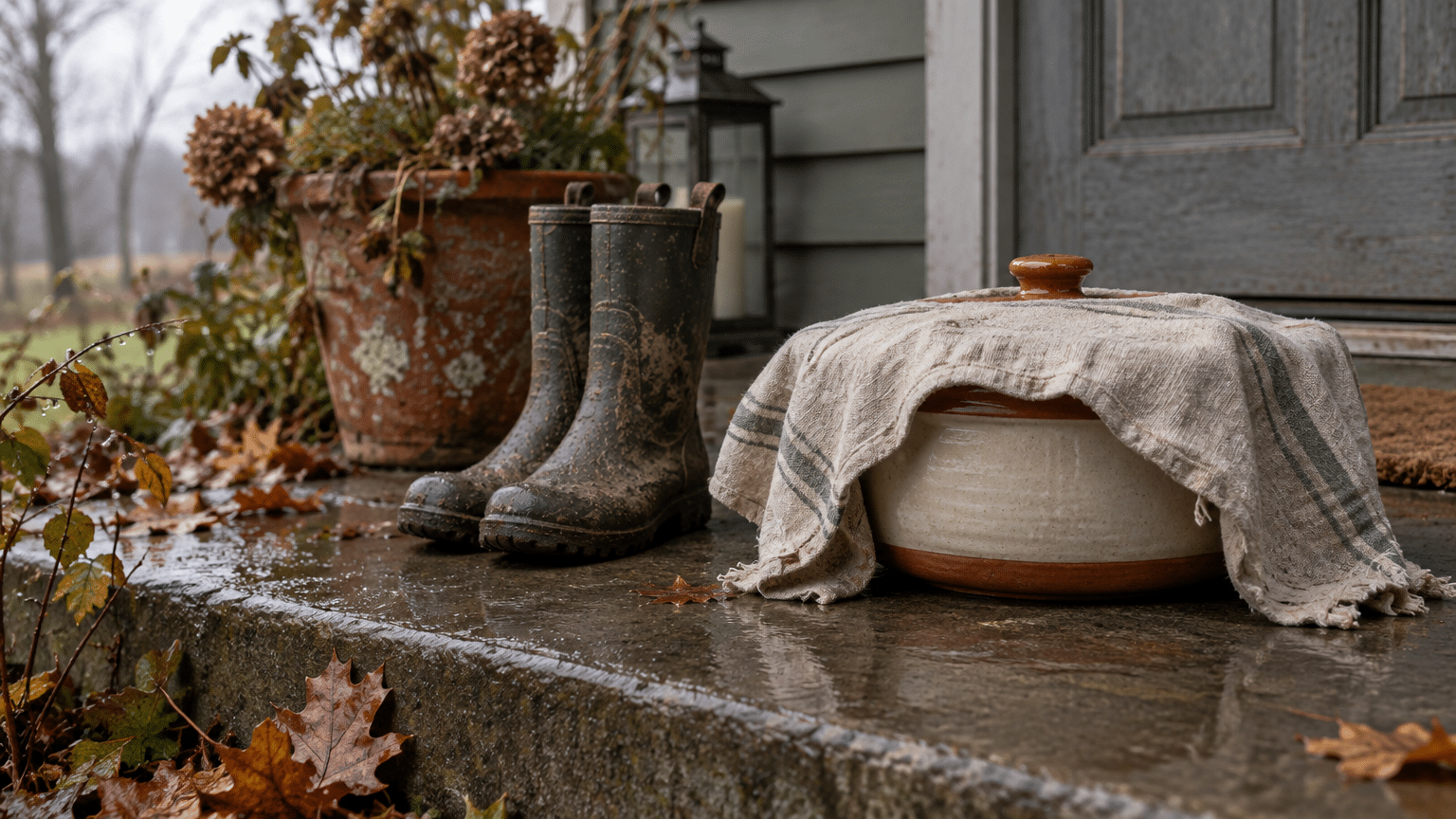 Muddy boots and covered pot on wet porch with fallen autumn leaves