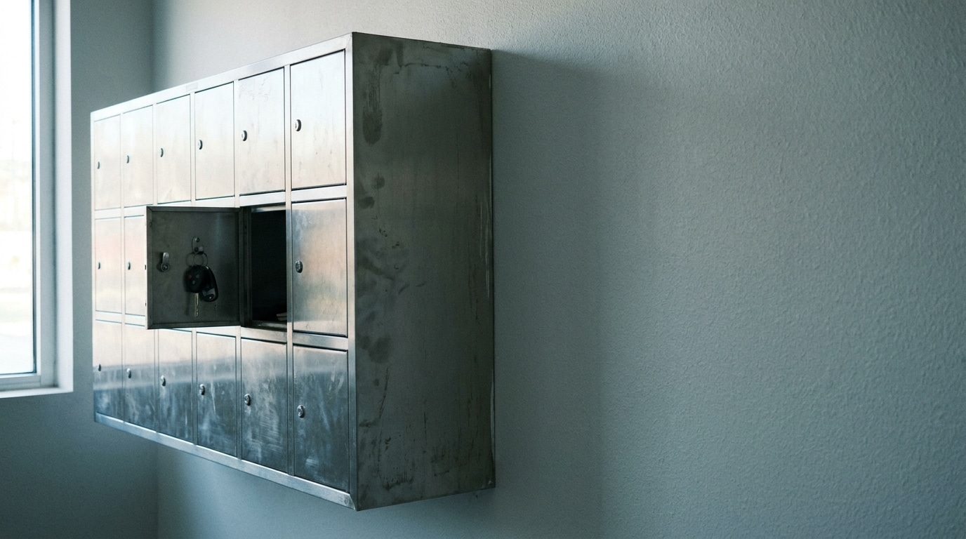 Metal locker with an open compartment holding keys in a bright room