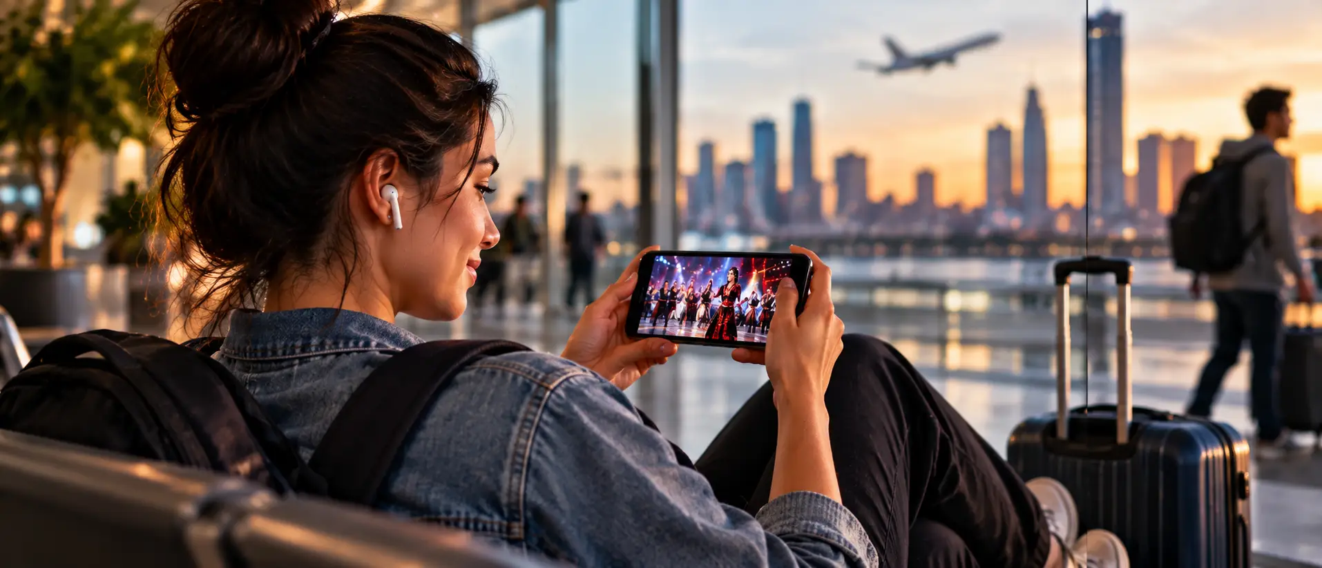 Woman watching video on smartphone in airport terminal with city skyline at sunset