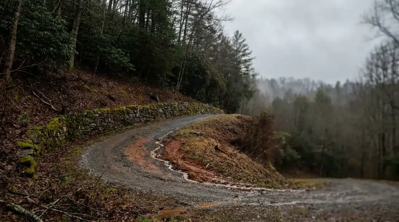 Winding gravel road through misty forest with stone retaining wall and overcast sky