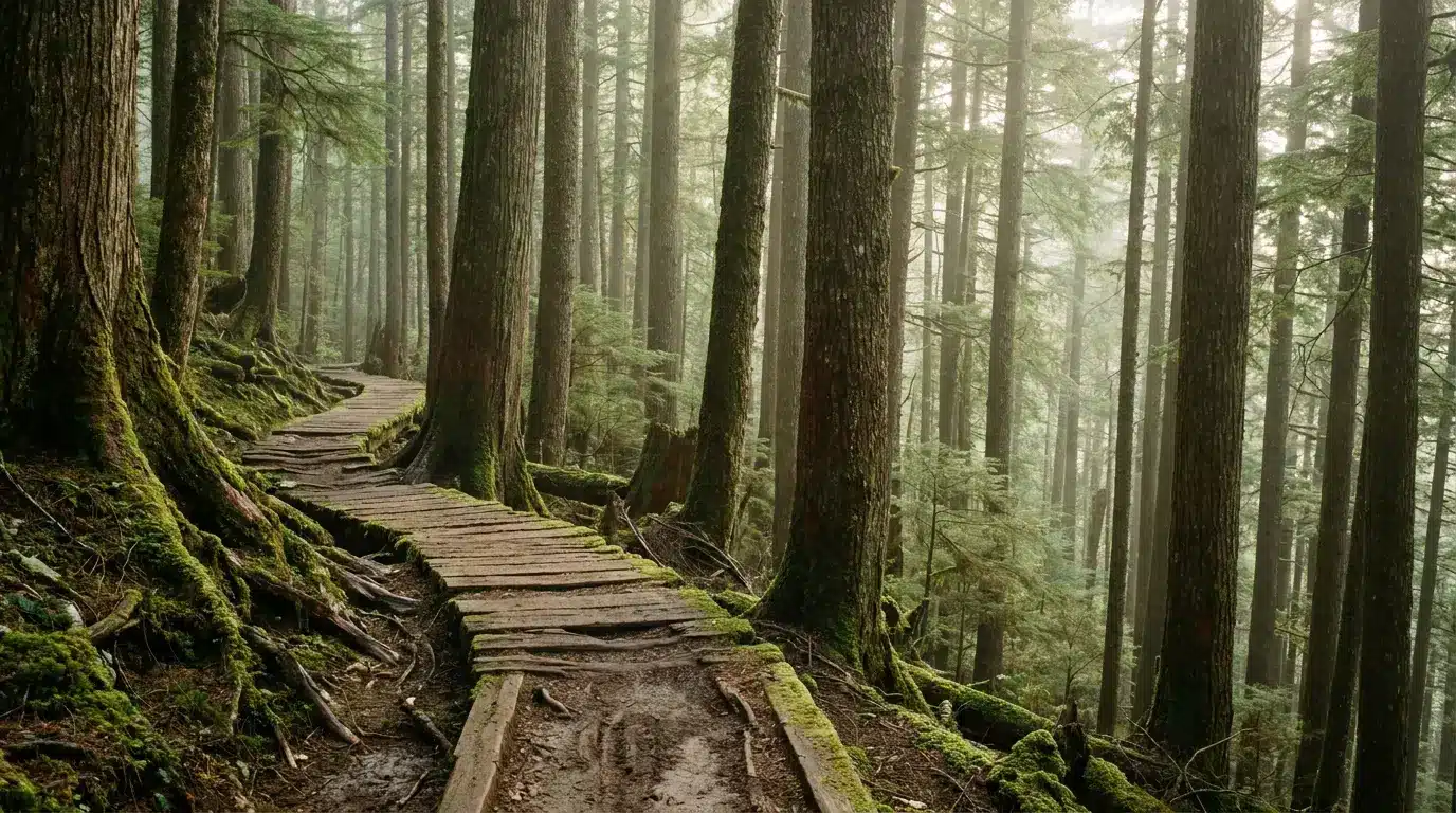 Quiet forest trail winding through tall hardwood trees in soft early morning mountain light