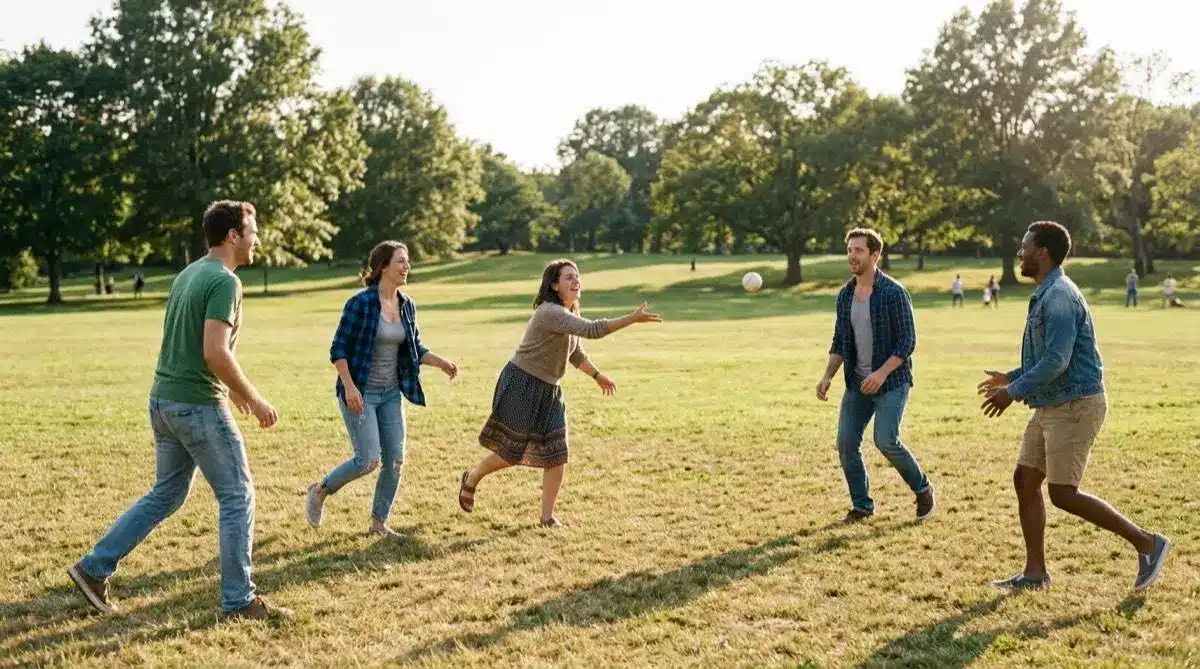 Group of people playing catch with a ball in sunny park setting