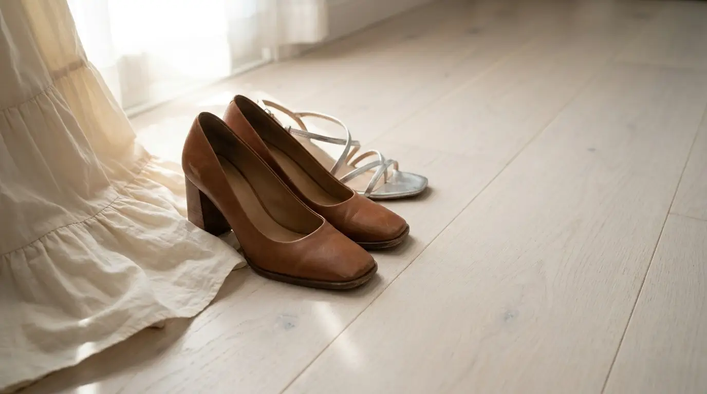 Brown leather heels and silver sandals on light wooden floor in soft natural light