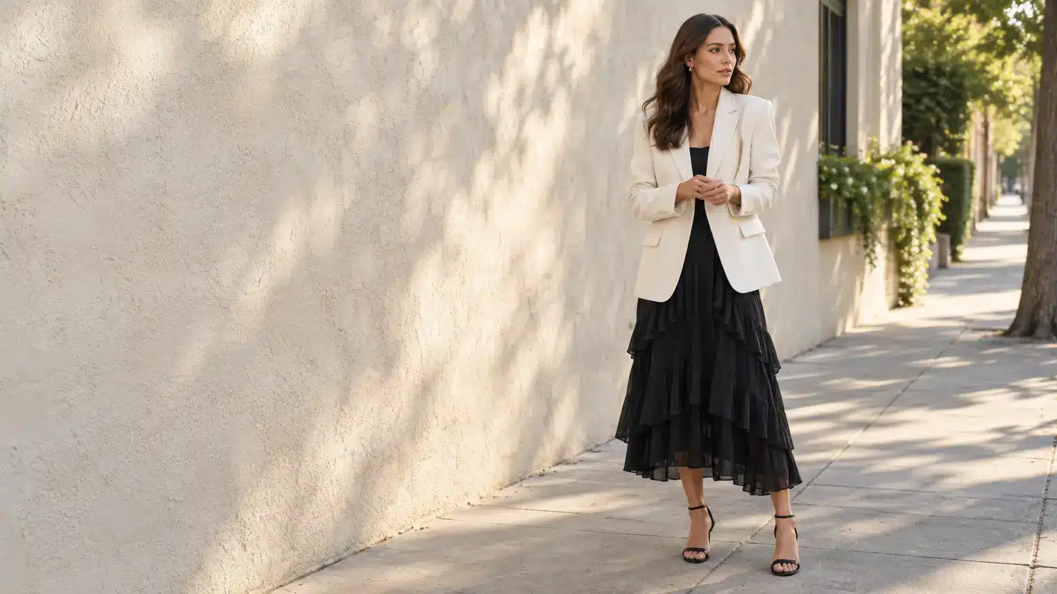 Woman in black dress and white blazer standing on sunlit city sidewalk