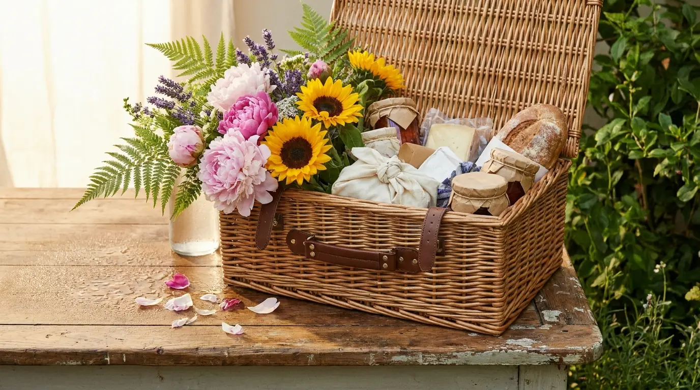 Wicker basket with sunflowers, bread, and jars on rustic wooden table outdoors