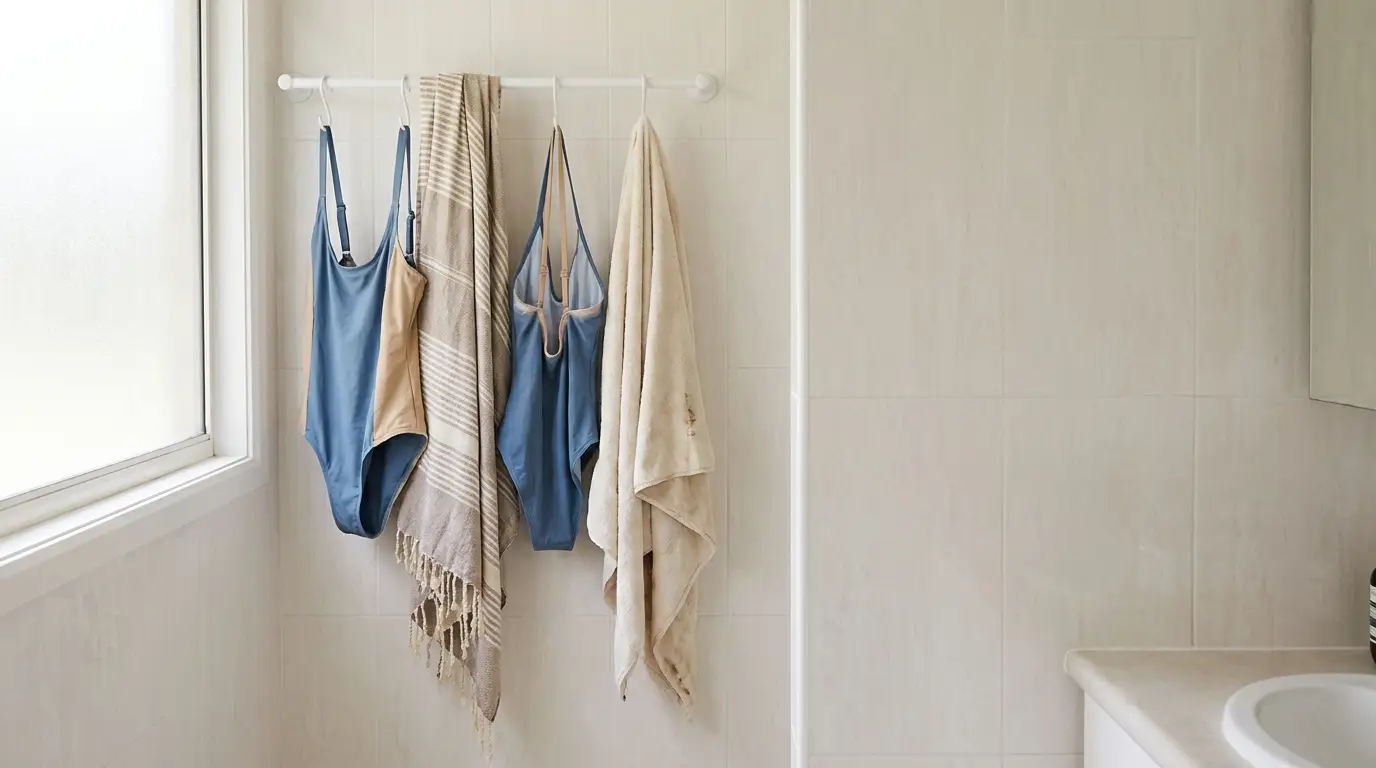 Blue swimsuits and beige towels hanging on a rod in a tiled bathroom