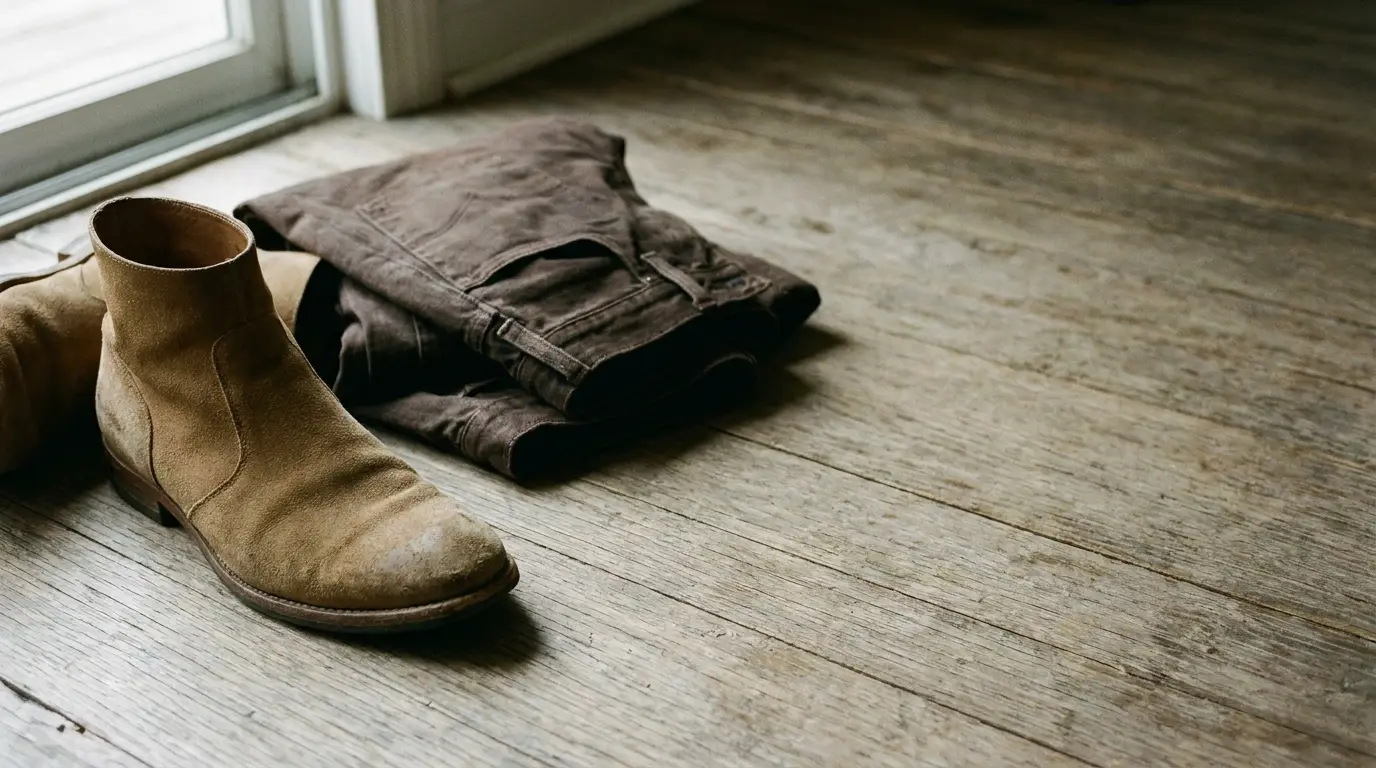 Brown suede boots and folded dark pants on wooden floor near window