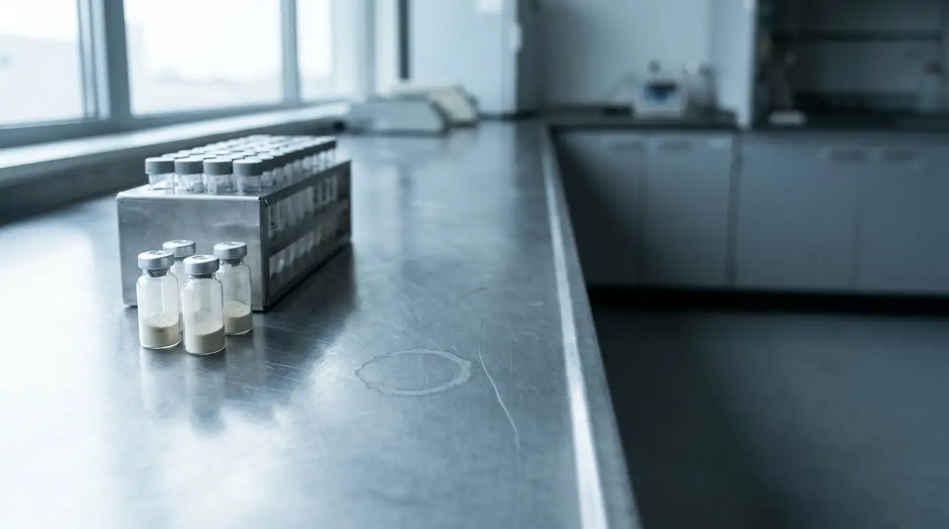 Laboratory vials containing white powder on a stainless steel countertop in a modern lab setting