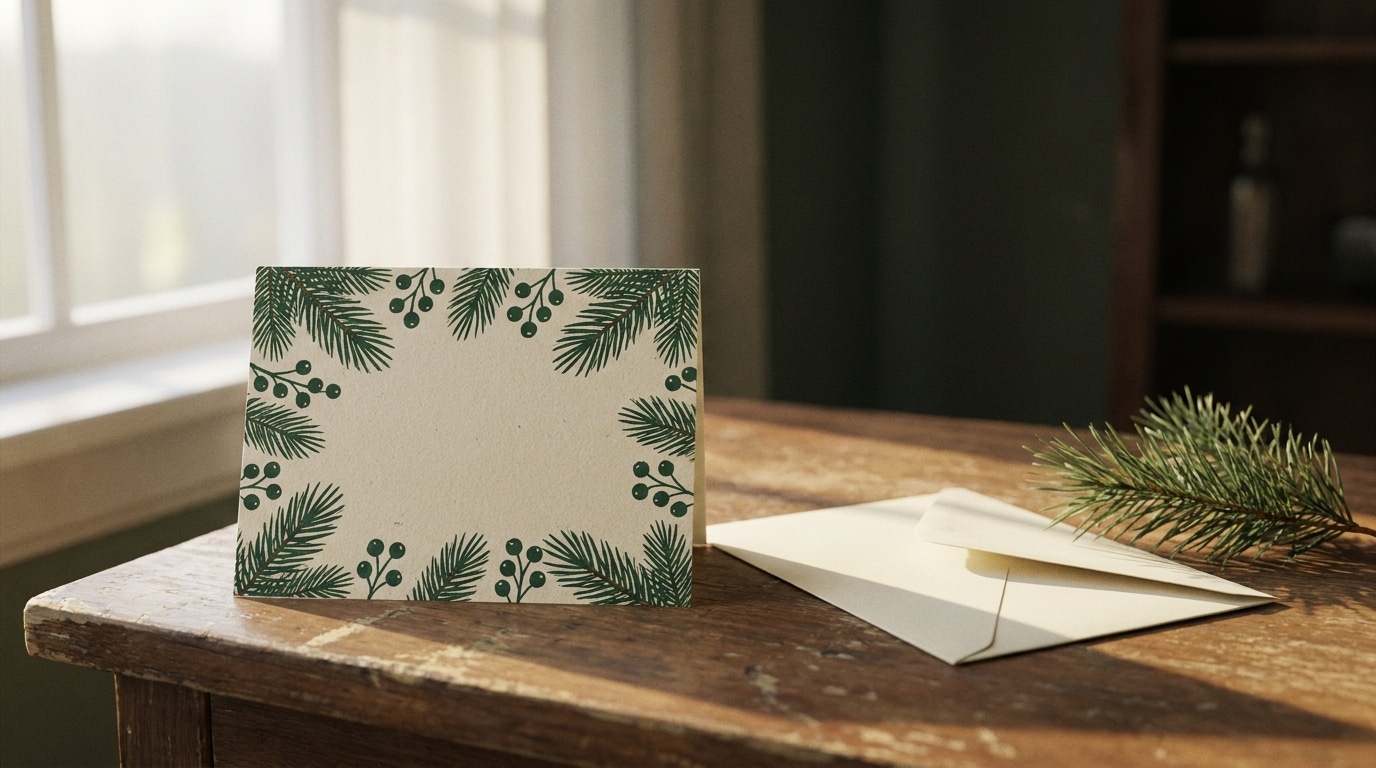 Holiday card with green pine branch design on wooden table beside envelope and pine sprig
