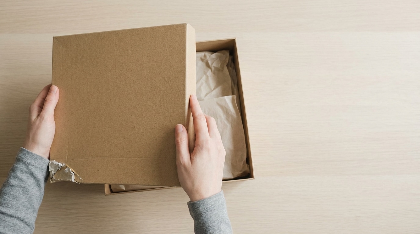 Hands opening a cardboard box with packing paper on light wood surface