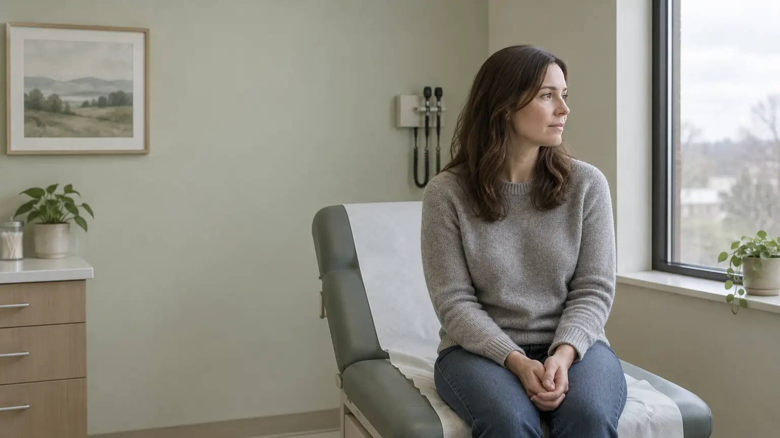 Person sitting on exam table in medical office with plant and artwork on wall