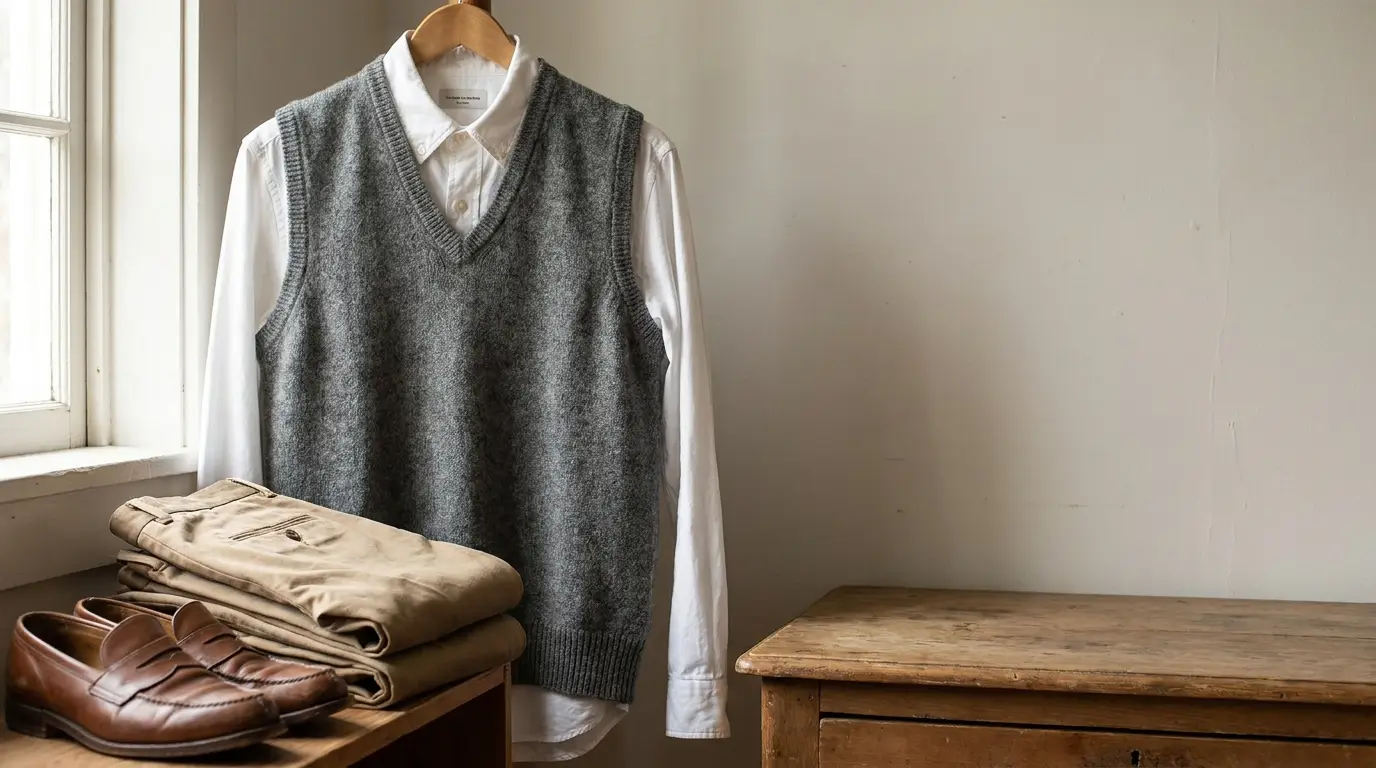White shirt with gray sweater vest hanging, next to folded trousers and loafers on wooden table