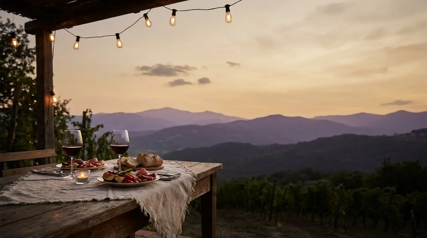 Dining table with wine glasses and food overlooking mountain landscape at sunset