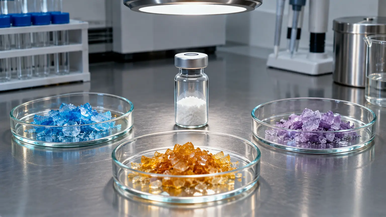 Laboratory setting with blue, orange, and purple crystals in petri dishes under bright light