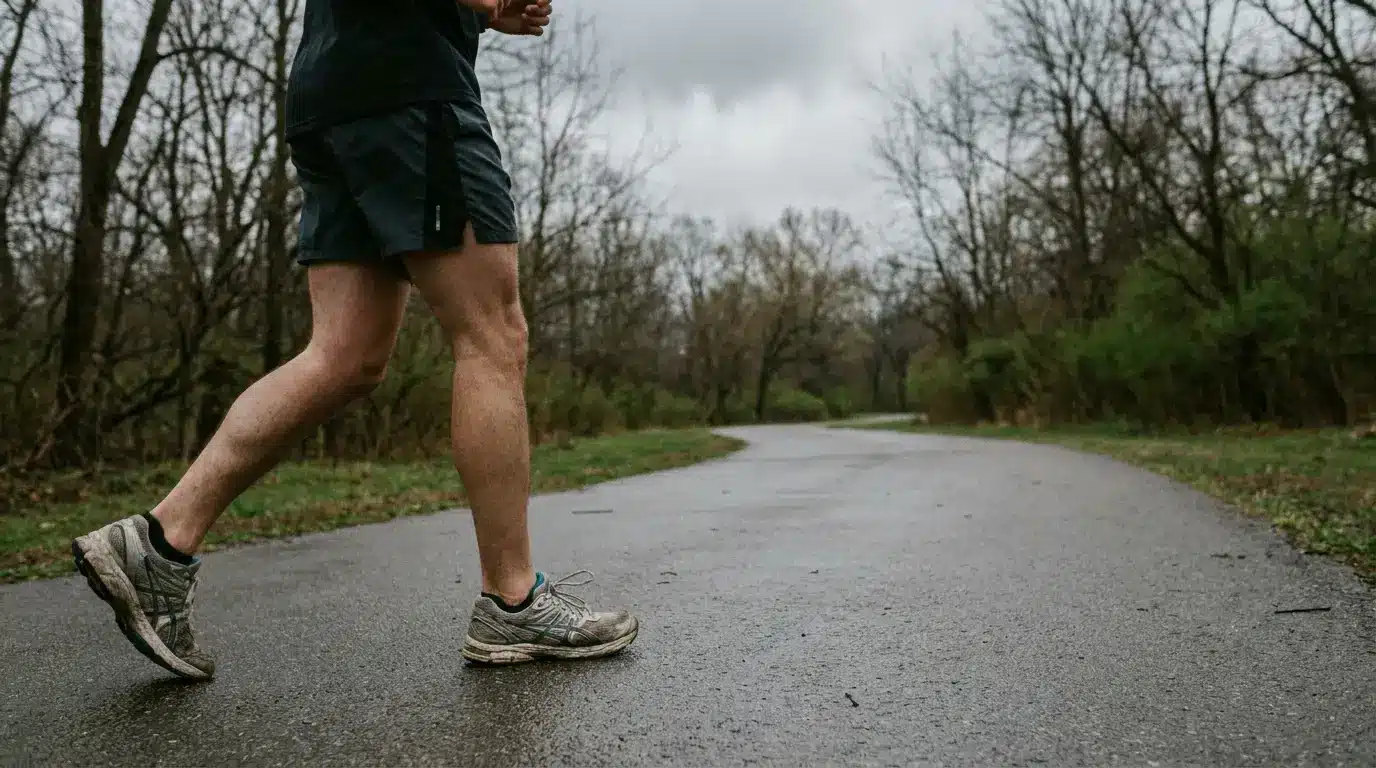 Runner on a paved path in a wooded area under cloudy skies