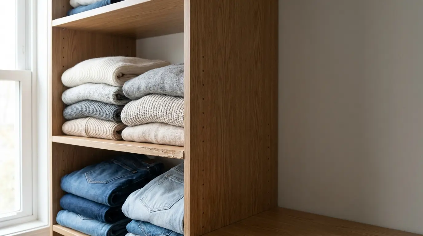 Folded sweaters and jeans on wooden shelves in minimal closet setting