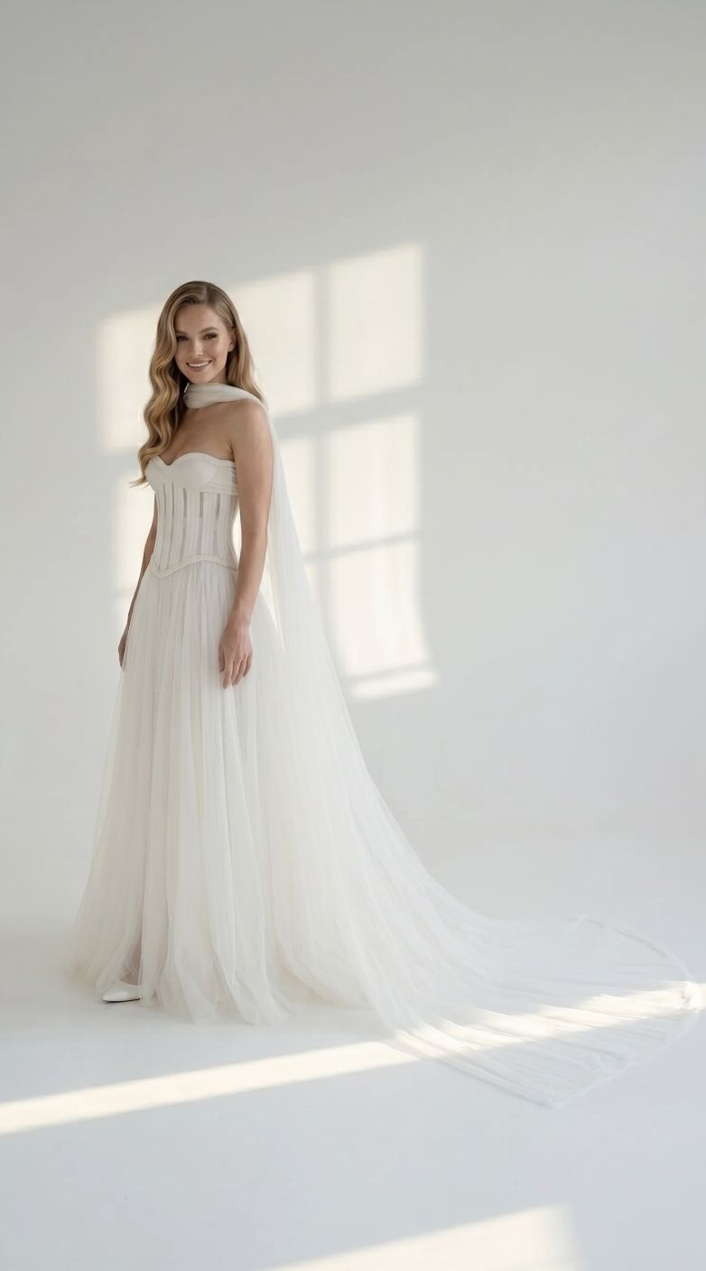 Bride in elegant white wedding dress with sheer cape in a softly lit studio