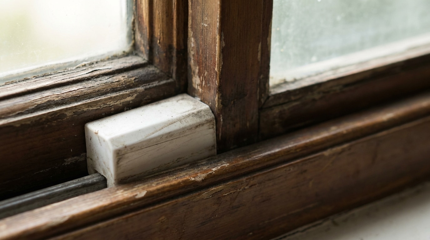 Close-up of weathered wooden window frame with peeling paint and condensation on glass panes