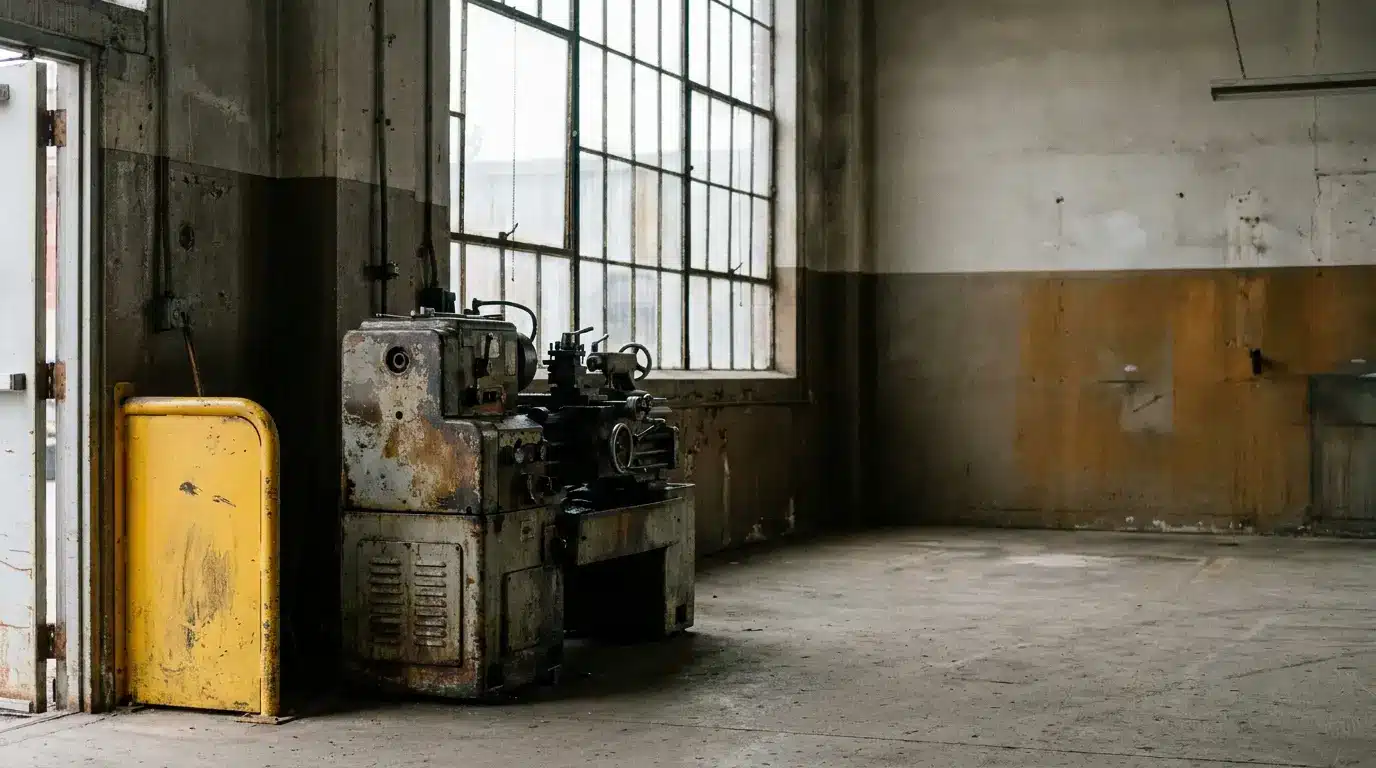 Rusty industrial lathe in an abandoned workshop with large windows and weathered walls