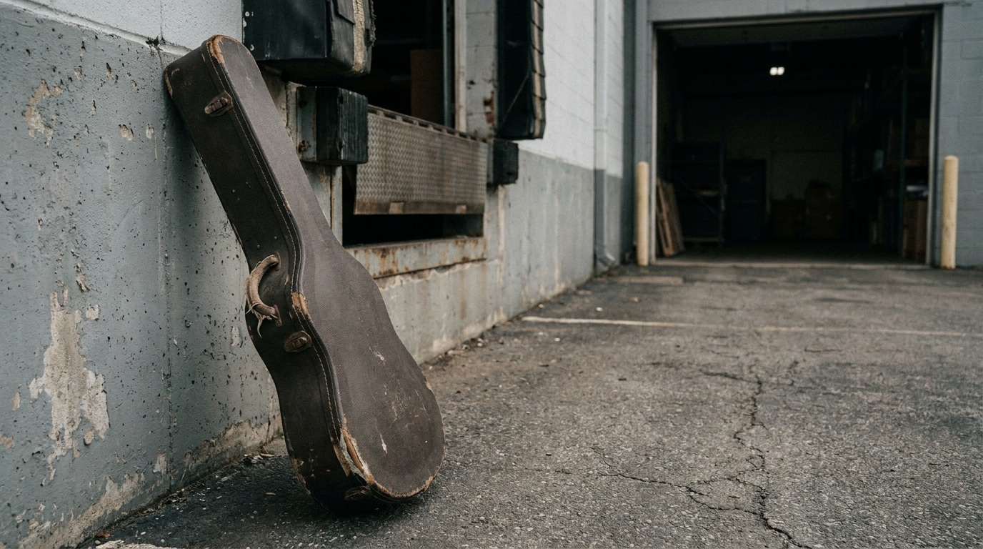 Worn guitar case leaning against weathered industrial wall near open loading dock