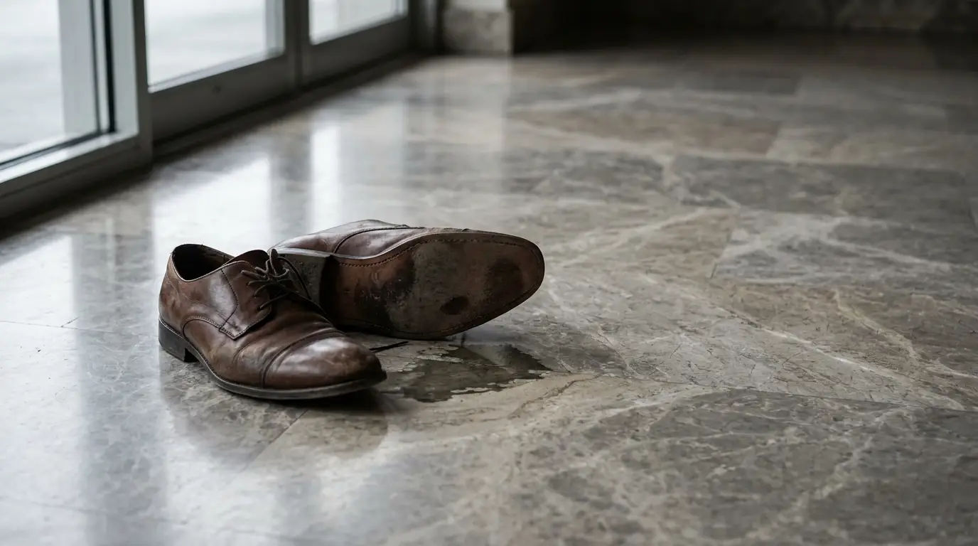 Pair of brown leather dress shoes on gray marble floor near window