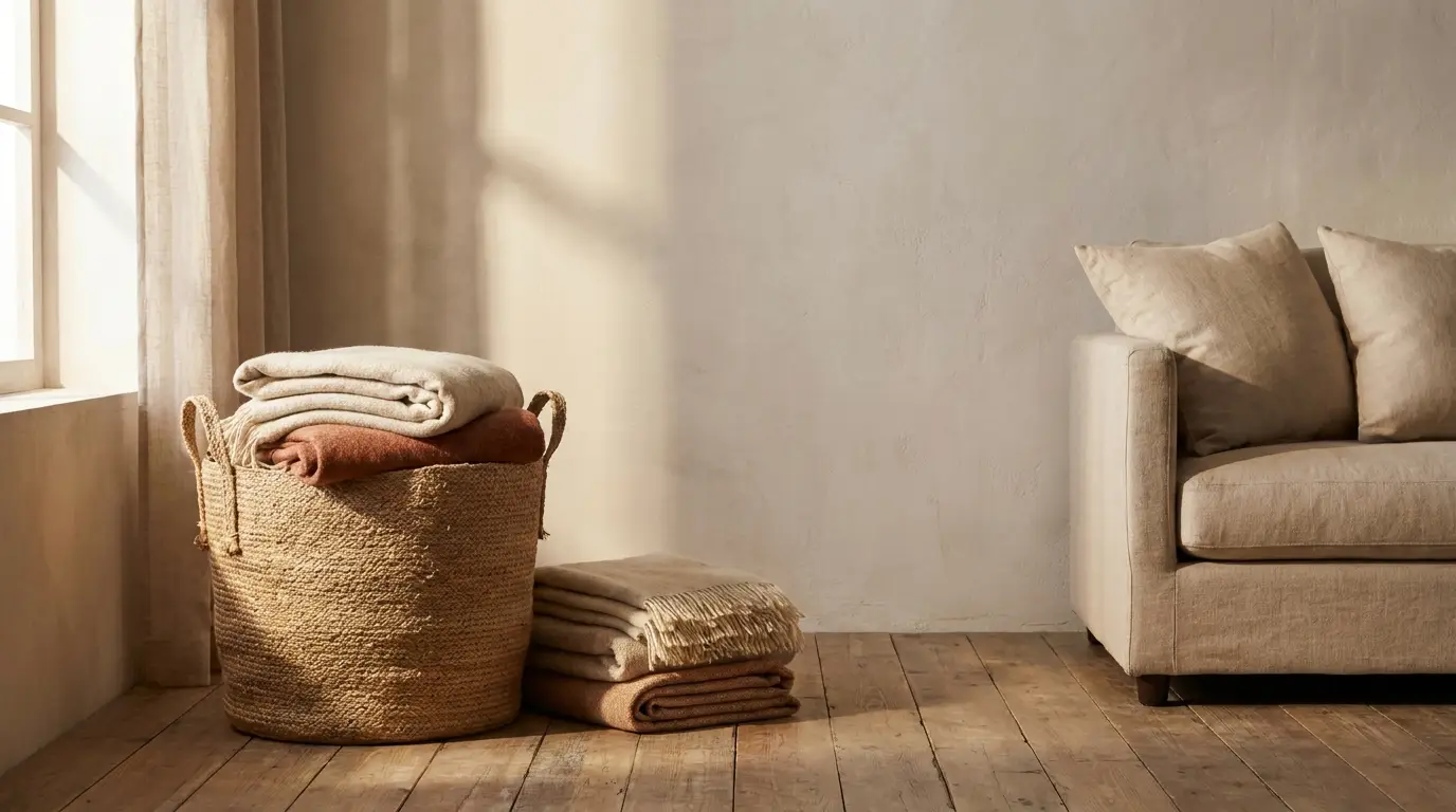 Woven basket with folded blankets next to a beige sofa in a sunlit room