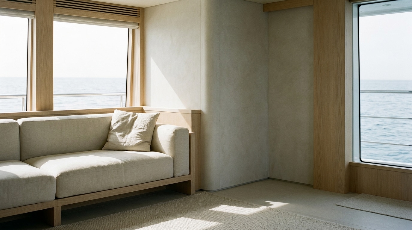 Beige sofa with cushion in modern yacht interior, large windows overlooking ocean view