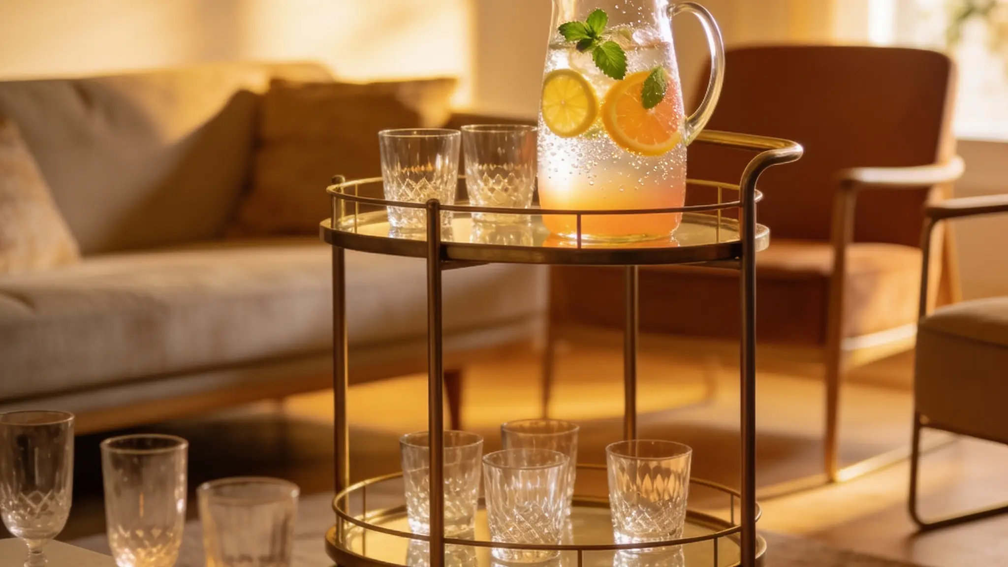 Pitcher of infused water with lemon and mint on brass cart in cozy living room